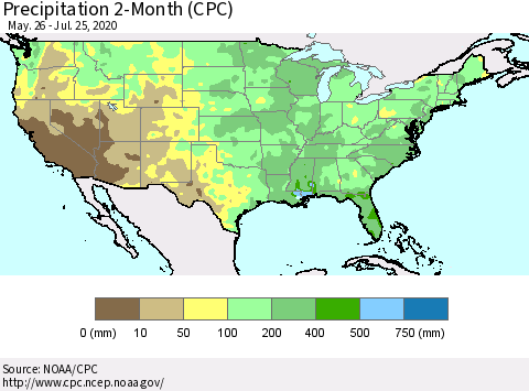 United States Precipitation 2-Month (CPC) Thematic Map For 5/26/2020 - 7/25/2020