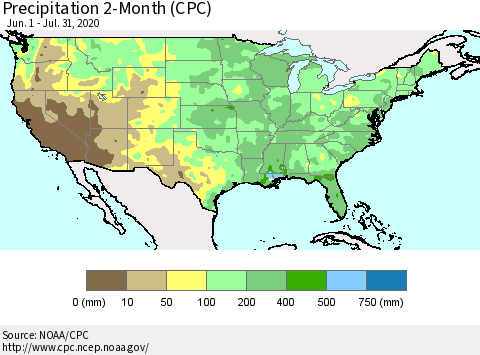 United States Precipitation 2-Month (CPC) Thematic Map For 6/1/2020 - 7/31/2020