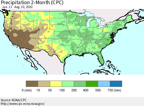 United States Precipitation 2-Month (CPC) Thematic Map For 6/11/2020 - 8/10/2020