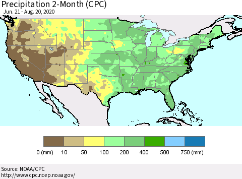 United States Precipitation 2-Month (CPC) Thematic Map For 6/21/2020 - 8/20/2020