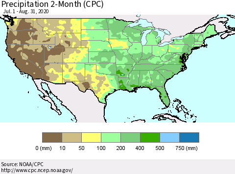 United States Precipitation 2-Month (CPC) Thematic Map For 7/1/2020 - 8/31/2020