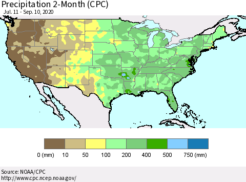 United States Precipitation 2-Month (CPC) Thematic Map For 7/11/2020 - 9/10/2020