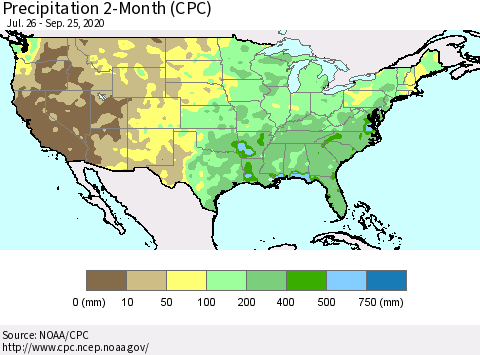 United States Precipitation 2-Month (CPC) Thematic Map For 7/26/2020 - 9/25/2020
