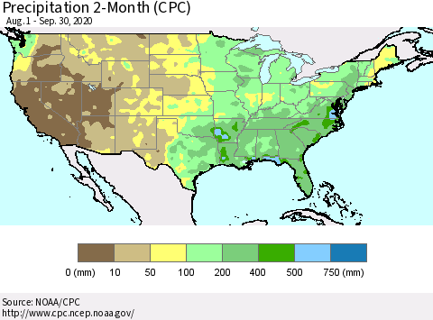 United States Precipitation 2-Month (CPC) Thematic Map For 8/1/2020 - 9/30/2020