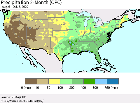 United States Precipitation 2-Month (CPC) Thematic Map For 8/6/2020 - 10/5/2020
