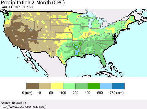 United States Precipitation 2-Month (CPC) Thematic Map For 8/11/2020 - 10/10/2020