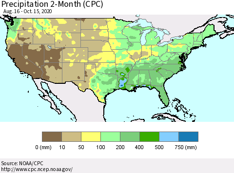 United States Precipitation 2-Month (CPC) Thematic Map For 8/16/2020 - 10/15/2020