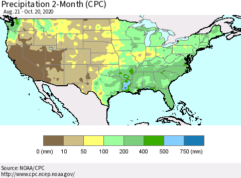 United States Precipitation 2-Month (CPC) Thematic Map For 8/21/2020 - 10/20/2020