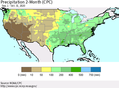 United States Precipitation 2-Month (CPC) Thematic Map For 9/1/2020 - 10/31/2020