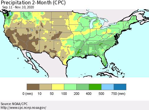 United States Precipitation 2-Month (CPC) Thematic Map For 9/11/2020 - 11/10/2020