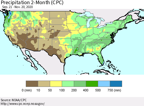 United States Precipitation 2-Month (CPC) Thematic Map For 9/21/2020 - 11/20/2020