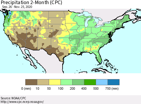 United States Precipitation 2-Month (CPC) Thematic Map For 9/26/2020 - 11/25/2020