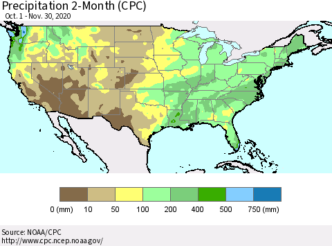 United States Precipitation 2-Month (CPC) Thematic Map For 10/1/2020 - 11/30/2020