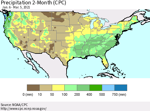 United States Precipitation 2-Month (CPC) Thematic Map For 1/6/2021 - 3/5/2021