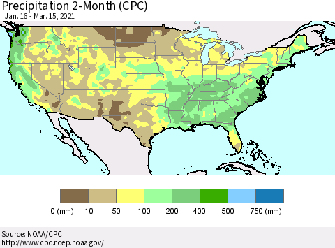 United States Precipitation 2-Month (CPC) Thematic Map For 1/16/2021 - 3/15/2021