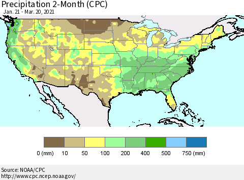 United States Precipitation 2-Month (CPC) Thematic Map For 1/21/2021 - 3/20/2021