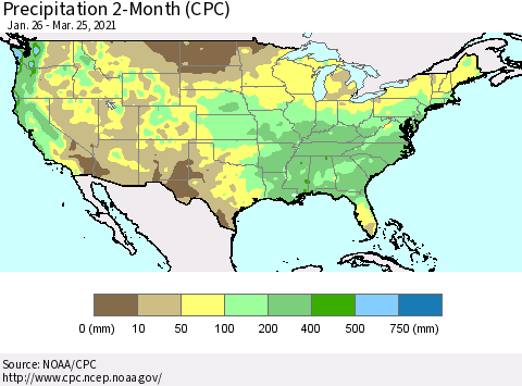 United States Precipitation 2-Month (CPC) Thematic Map For 1/26/2021 - 3/25/2021