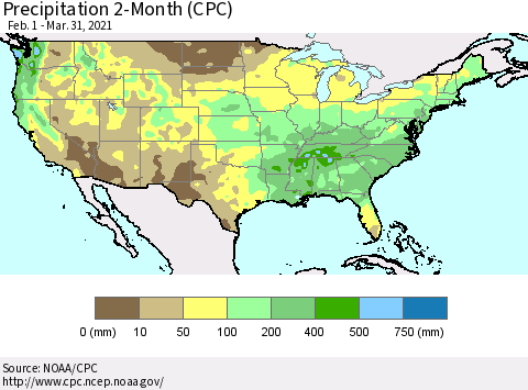 United States Precipitation 2-Month (CPC) Thematic Map For 2/1/2021 - 3/31/2021