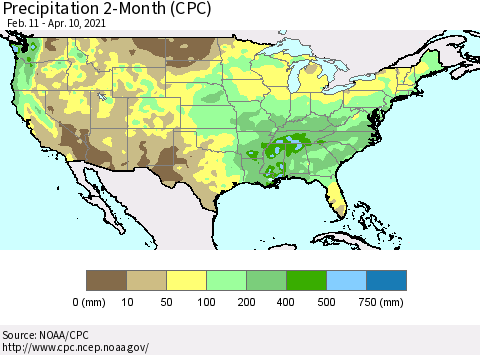 United States Precipitation 2-Month (CPC) Thematic Map For 2/11/2021 - 4/10/2021