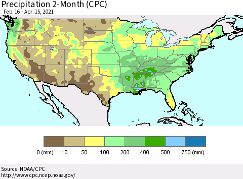 United States Precipitation 2-Month (CPC) Thematic Map For 2/16/2021 - 4/15/2021