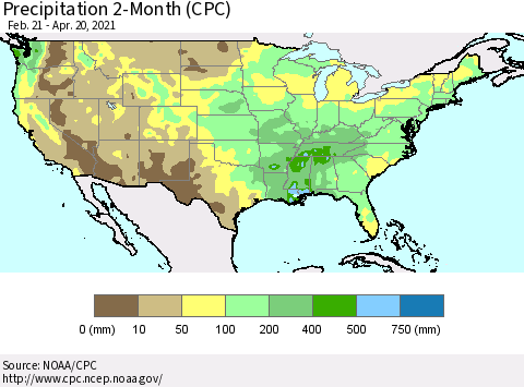 United States Precipitation 2-Month (CPC) Thematic Map For 2/21/2021 - 4/20/2021