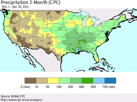 United States Precipitation 2-Month (CPC) Thematic Map For 3/1/2021 - 4/30/2021