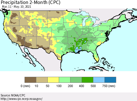 United States Precipitation 2-Month (CPC) Thematic Map For 3/11/2021 - 5/10/2021