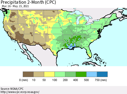 United States Precipitation 2-Month (CPC) Thematic Map For 3/16/2021 - 5/15/2021