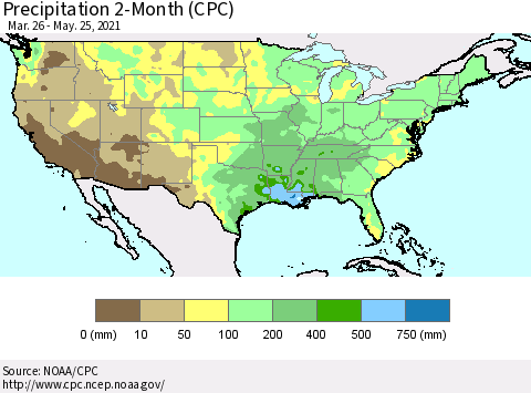 United States Precipitation 2-Month (CPC) Thematic Map For 3/26/2021 - 5/25/2021