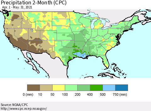 United States Precipitation 2-Month (CPC) Thematic Map For 4/1/2021 - 5/31/2021