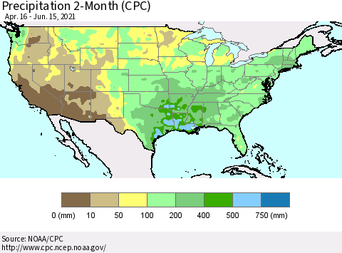 United States Precipitation 2-Month (CPC) Thematic Map For 4/16/2021 - 6/15/2021