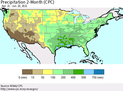 United States Precipitation 2-Month (CPC) Thematic Map For 4/21/2021 - 6/20/2021