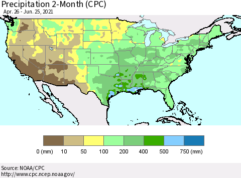 United States Precipitation 2-Month (CPC) Thematic Map For 4/26/2021 - 6/25/2021