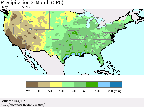 United States Precipitation 2-Month (CPC) Thematic Map For 5/16/2021 - 7/15/2021