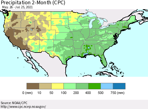United States Precipitation 2-Month (CPC) Thematic Map For 5/26/2021 - 7/25/2021