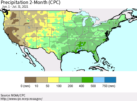 United States Precipitation 2-Month (CPC) Thematic Map For 6/1/2021 - 7/31/2021
