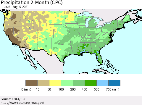 United States Precipitation 2-Month (CPC) Thematic Map For 6/6/2021 - 8/5/2021