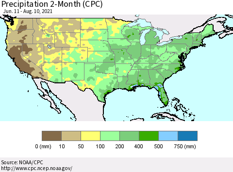 United States Precipitation 2-Month (CPC) Thematic Map For 6/11/2021 - 8/10/2021