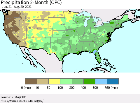 United States Precipitation 2-Month (CPC) Thematic Map For 6/21/2021 - 8/20/2021
