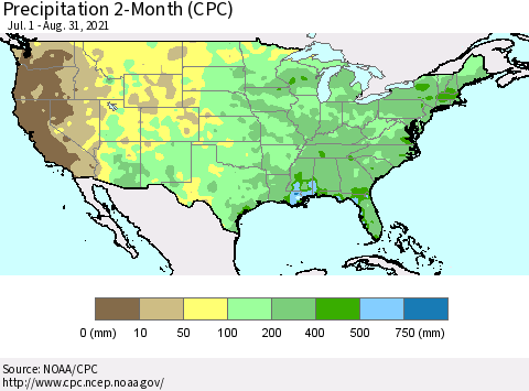 United States Precipitation 2-Month (CPC) Thematic Map For 7/1/2021 - 8/31/2021