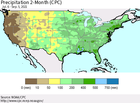United States Precipitation 2-Month (CPC) Thematic Map For 7/6/2021 - 9/5/2021