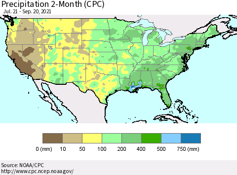 United States Precipitation 2-Month (CPC) Thematic Map For 7/21/2021 - 9/20/2021