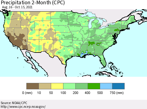 United States Precipitation 2-Month (CPC) Thematic Map For 8/16/2021 - 10/15/2021