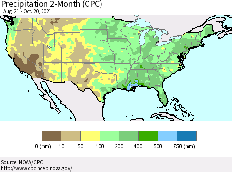 United States Precipitation 2-Month (CPC) Thematic Map For 8/21/2021 - 10/20/2021