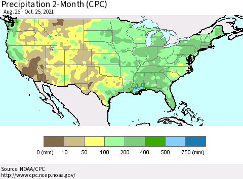 United States Precipitation 2-Month (CPC) Thematic Map For 8/26/2021 - 10/25/2021