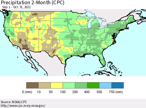 United States Precipitation 2-Month (CPC) Thematic Map For 9/1/2021 - 10/31/2021