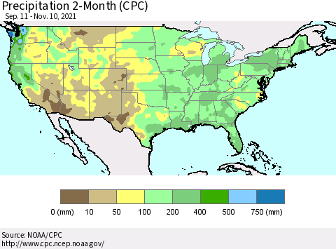 United States Precipitation 2-Month (CPC) Thematic Map For 9/11/2021 - 11/10/2021