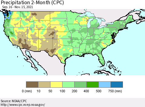 United States Precipitation 2-Month (CPC) Thematic Map For 9/16/2021 - 11/15/2021
