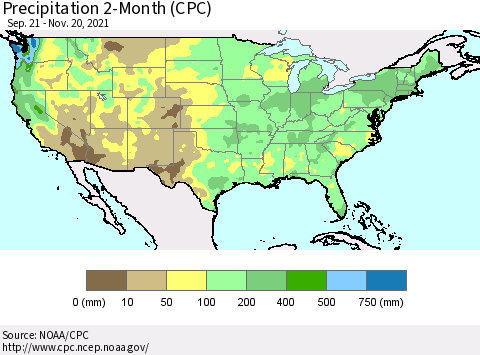 United States Precipitation 2-Month (CPC) Thematic Map For 9/21/2021 - 11/20/2021
