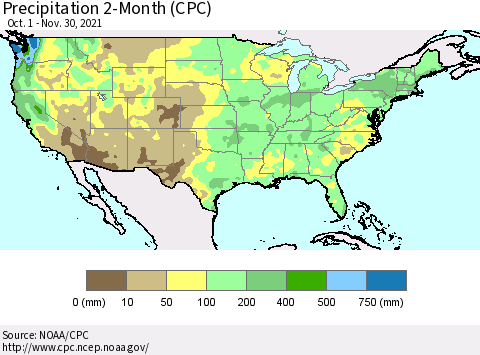 United States Precipitation 2-Month (CPC) Thematic Map For 10/1/2021 - 11/30/2021